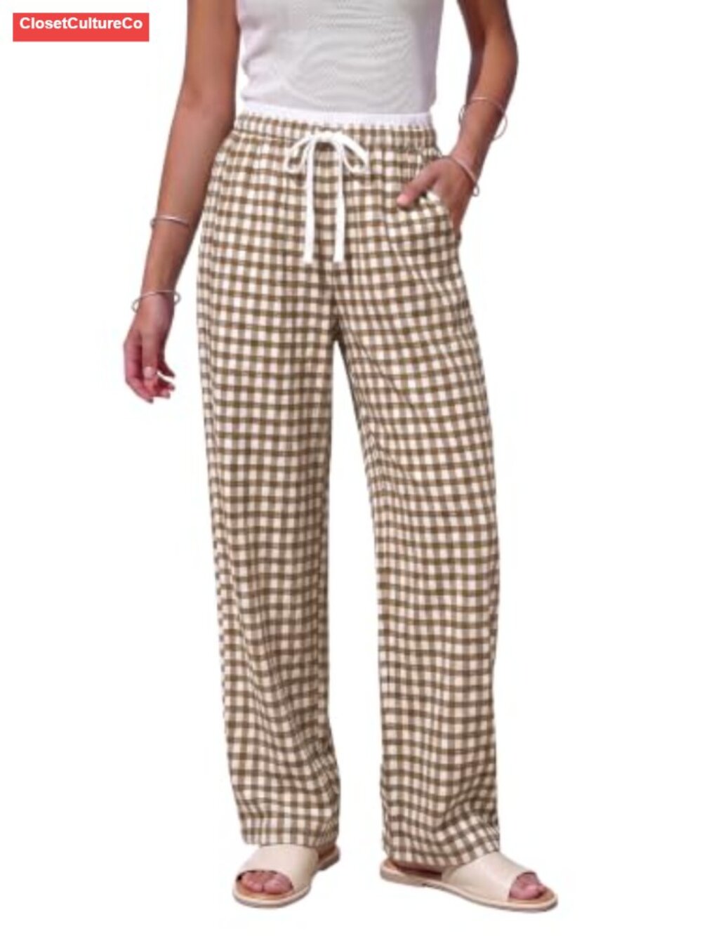 Women's Gingham Plaid Wide Leg Trousers Elastic Waist Pockets Casual